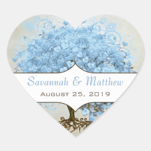 Sticker Cœur Sceau Mariage en poudre bleu coeur feuille arbre 