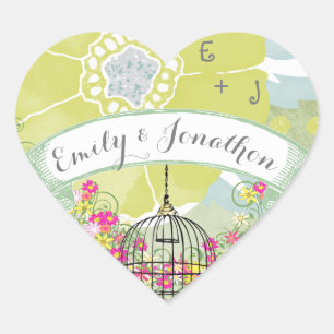 Sticker Cœur Sceau Mariage rose et jaune