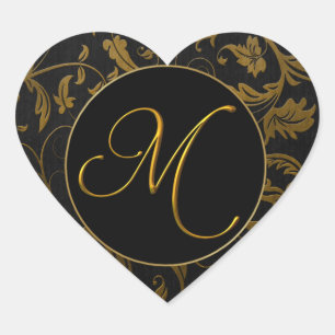 Sticker Cœur Sceau Monogram M Gold et Black Mariage damassé