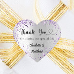Sticker Cœur Silver violet coeur merci mariage<br><div class="desc">Un arrière - plan faux argenté,  décoré de parties scintillant faux violet. Avec le texte : Merci de partager notre journée spéciale,  avec un petit coeur. Personnalisez et ajoutez vos noms.</div>