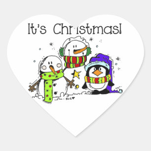 Sticker Cœur Snowmen et pingouins C'est Noël Festive d'hiver