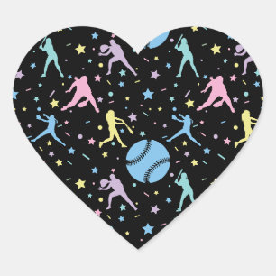 Sticker Cœur Softball Féminin - Joueuses avec Étoiles
