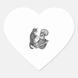 Sticker Cœur Squelette tenant un chat Lazy Costume d'Halloween
