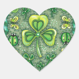 STICKER CŒUR ST. PATRICK'S DAY FOLK ART SHAMROCKS N'LADYBUGS