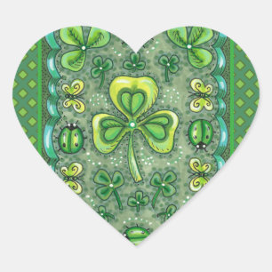 STICKER CŒUR ST. PATRICK'S DAY FOLK ART SHAMROCKS N'LADYBUGS