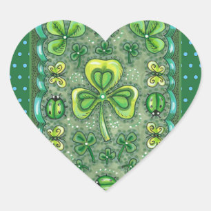 STICKER CŒUR ST. PATRICK'S DAY FOLK ART SHAMROCKS N'LADYBUGS