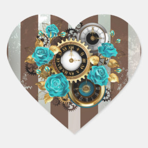 Sticker Cœur Steampunk Clock and Turquoise Roses on Striped