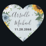 Sticker Cœur Sunflower Dusty Blue Country Rustic Roses Wedding<br><div class="desc">Design features a dusty blue/gray wood grain background with a cruath made of sunflowers,  daisies,  roses in dusty blue shades,  baby's breath over various types of botanical color greenery elements.</div>