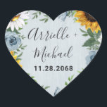 Sticker Cœur Sunflower Dusty Blue Country Rustic Roses Wedding<br><div class="desc">Design features a dusty blue/gray wood grain background with a cruath made of sunflowers,  daisies,  roses in dusty blue shades,  baby's breath over various types of botanical color greenery elements.</div>