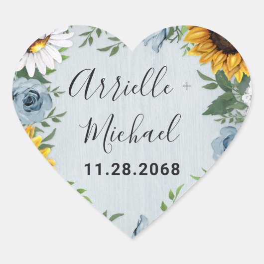 Sticker Cœur Sunflower Dusty Blue Country Rustic Roses Wedding (Devant)