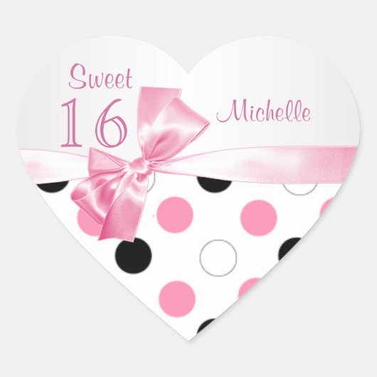Sticker Cœur Sweet 16 noir, rose, blanc pois (Devant)