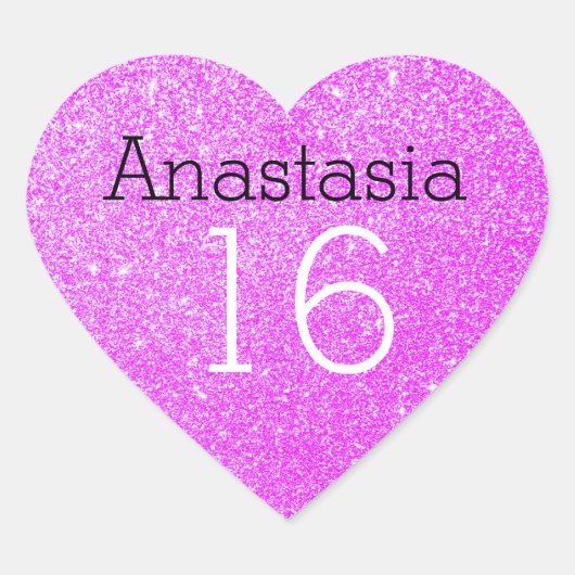 Sticker Cœur Sweet 16 Nom Âge Noir & Violet Parties scintillant (Devant)