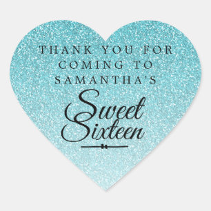 Sticker Cœur Sweet 16 Parties scintillant bleue Ombre Merci Nom
