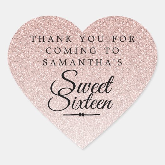 Sticker Cœur Sweet 16 Parties scintillant rose Ombre Merci Nom (Devant)