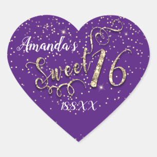 Sticker Cœur Sweet 16th Unicorn Heart Parties scintillant Purpl