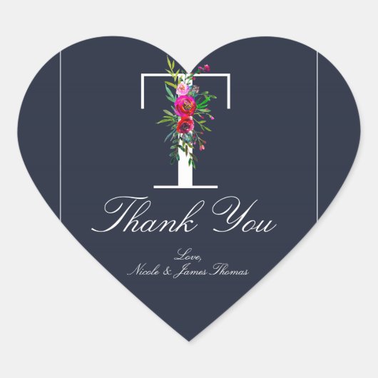 Sticker Cœur T Monogramme Initiale Moderne Fleurs Bleues Mariag (Devant)