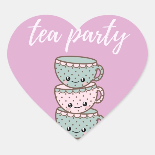 Sticker Cœur Tea Party Illustré Teacups rose (Devant)