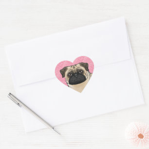 Sticker Cœur Tête de chien Carlin Fauve en gros plan sur des cœ