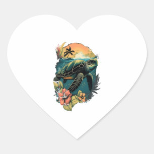 Sticker Cœur Tortue de mer hawaïenne Hibiscus Fleur