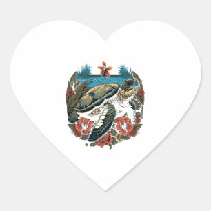 Sticker Cœur Tortue de mer hawaïenne Hibiscus Fleur
