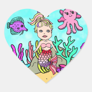 Sticker Cœur Tropical Under the Sea Pink Mermaid