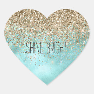 Sticker Cœur Turquoise Aqua Gold Glam Parties scintillant étin