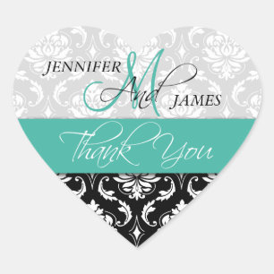 Sticker Coeur Turquoise Black Mariage damassé Favo