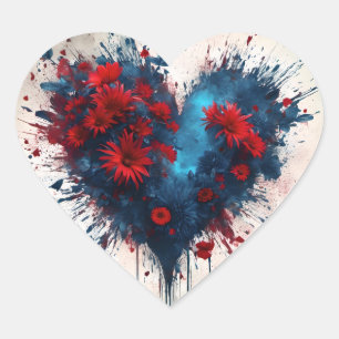 Sticker Cœur Un coeur bleu éclatant avec des fleurs rouges