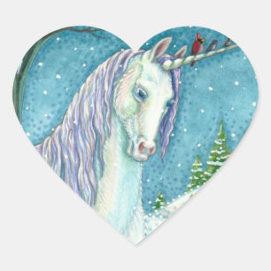 STICKER CŒUR UNICORNE D'HIVER ET OISEAUX, PAYSAGE DE NEIGE PAIS