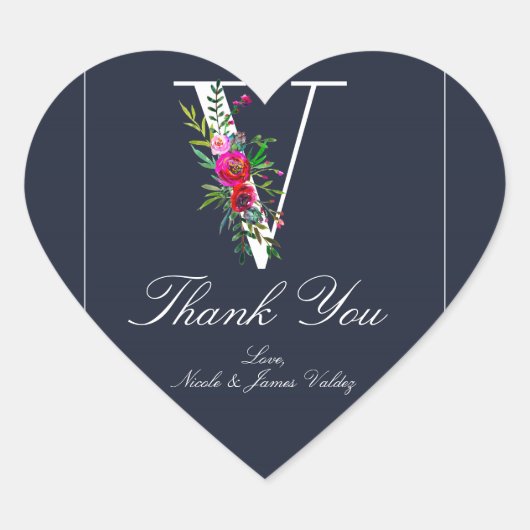 Sticker Cœur V Monogramme Dernier initial bleu Floral Mariage (Devant)