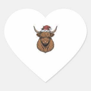 Sticker Cœur Vache des Highlands de Noël Gravure Vintage Chapea