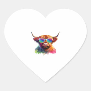 Sticker Cœur Vache écossaise Highland en lunettes de soleil Eau