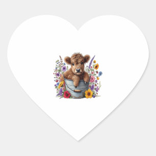 Sticker Cœur Vache Highland dans le seau à fleurs, mignonne