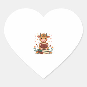 Sticker Cœur Vache Highland Vintage lisant des livres Floral Cu