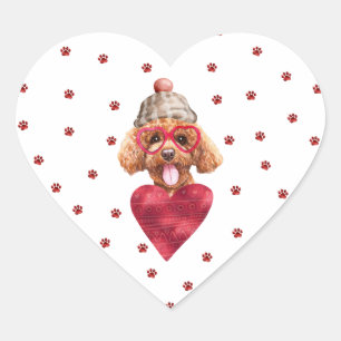 Sticker Cœur Valentin Caniche Pattes Rouges Roses