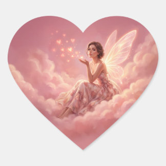 Sticker Cœur Valentine Fairy on Pink Clouds Fantasy Art