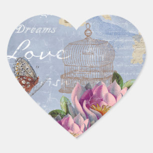 Sticker Cœur Victorian Love Thoughts Dreams Butterfly Bird Cage