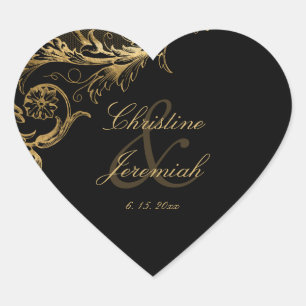 Sticker Cœur Vintage Black Gold Floral Damask Script Mariage