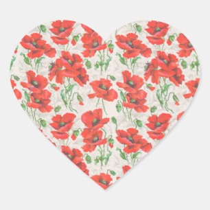 Sticker Cœur Vintage modèle floral du pavot rouge