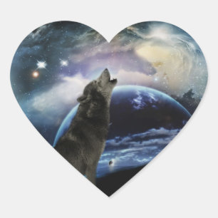 Sticker Cœur Wolf hurle sur la lune