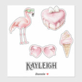 Sticker Coeurs de crème glacée du Flamant rose rose tropic (Feuille)