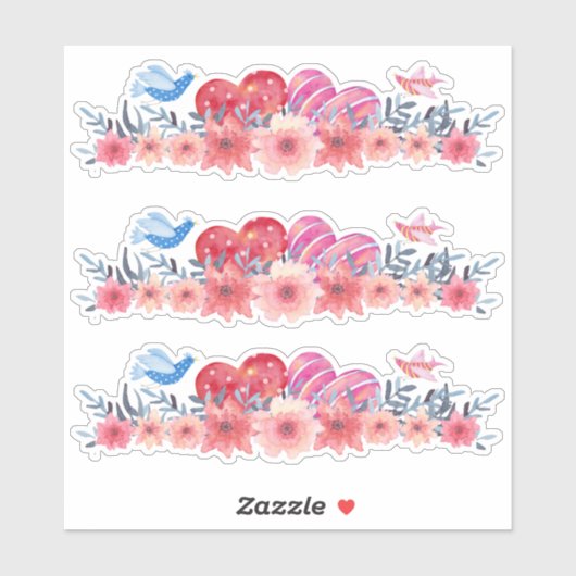 Sticker Coeurs, fleurs, petits oiseaux, si mignons (Feuille)