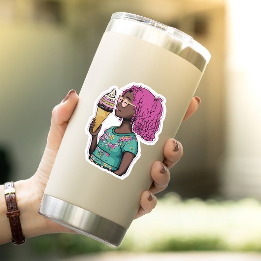 Sticker Coiffeuse rose tenant un cône de crème glacée