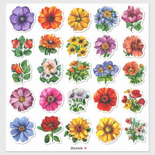 Sticker Collection de fleurs colorées (Feuille)