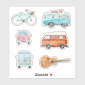 Sticker Coloré Retro Aquarelle Van Bicycle Guitare (Feuille)