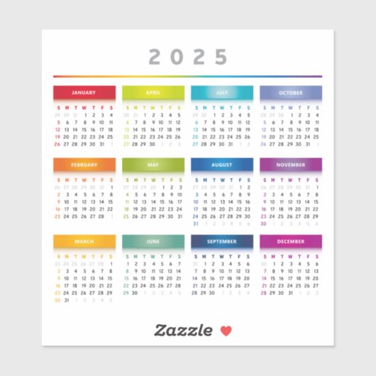 Sticker Colorful 2025 Calendar - Rainbow Colors 3 Columns (Feuille)