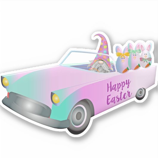 Sticker Colorful Happy Gnome Car Bunnies Pâques (Devant)