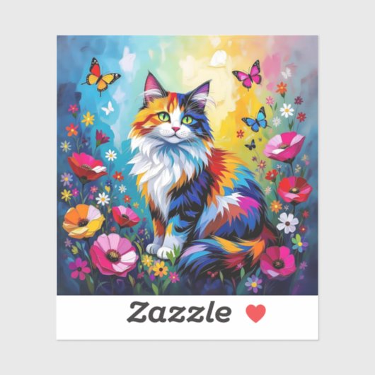 Sticker Colorful Impasto Cat, Flowers and Butterflies (Feuille)