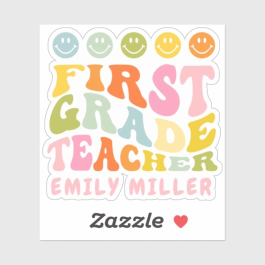 Sticker Colourful Fun First Grade Teacher Custom Name (Feuille)