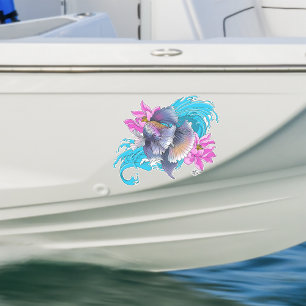 Sticker Combattant siamois Betta Poisson Lotus Vagues Bleu